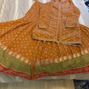 Vibrant Orange Ethnic Dress with Gold and Pink Embroidery